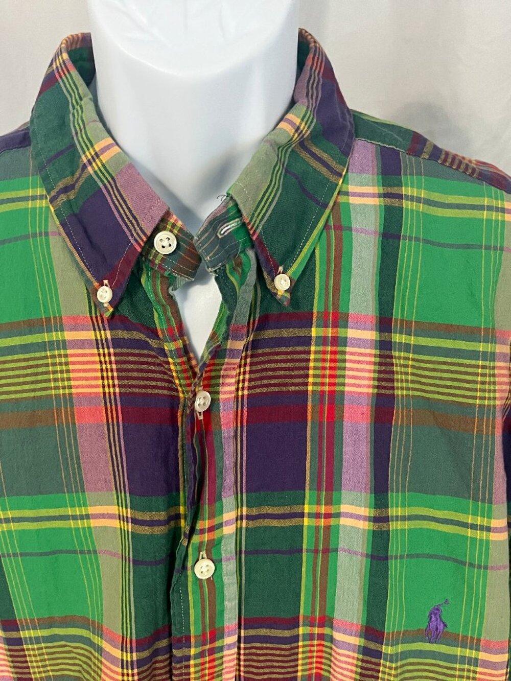 Ralph Lauren Men’s Green Purple Orange Plaid Short Sleeve Shirt XLT 🌿 EUC 🧵